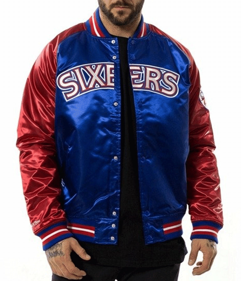 Philadelphia 76ers NBA  Full-Varsity Blue and Red Satin Men's Bomber Jacket