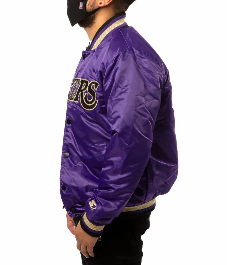 Los Angeles Lakers Full-Snap Varsity Purple and Black Satin Men's Bomber Jacket