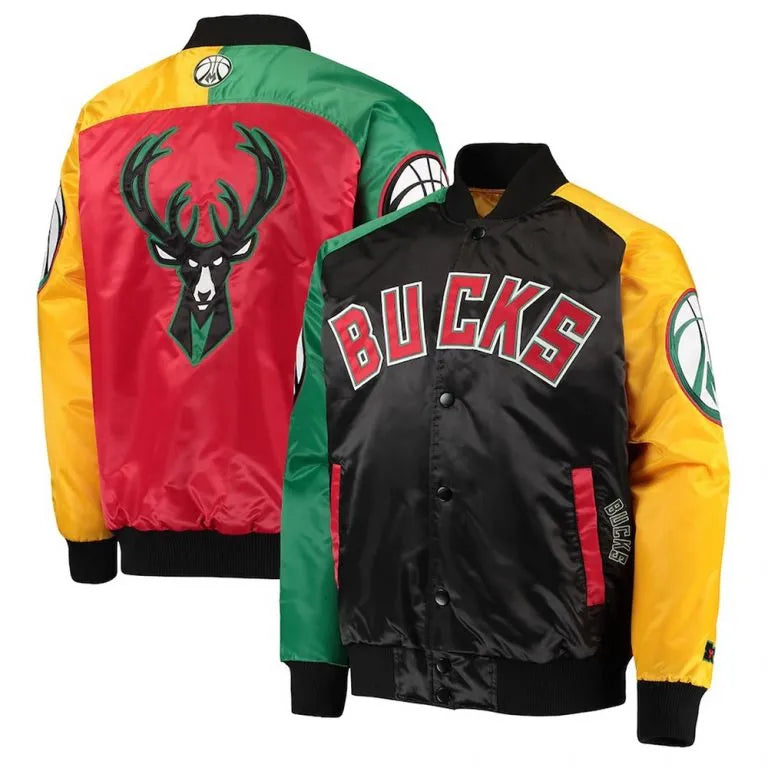 Milwaukee Bucks Ty Mopkins Full-Snap Varsity Multicolor Satin Men's Bomber Jacket