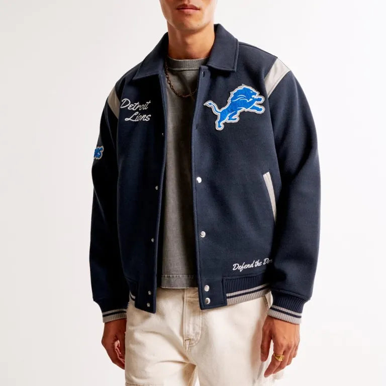 Detroit Lions Defend The Den All Wool Navy Blue Men's Varsity Jacket