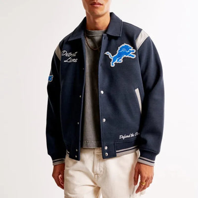 Detroit Lions Defend The Den All Wool Navy Blue Men's Varsity Jacket