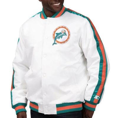 Miami Dolphins Throwback D-Line Full-Snap Varsity White Satin Men's Bomber Jacket