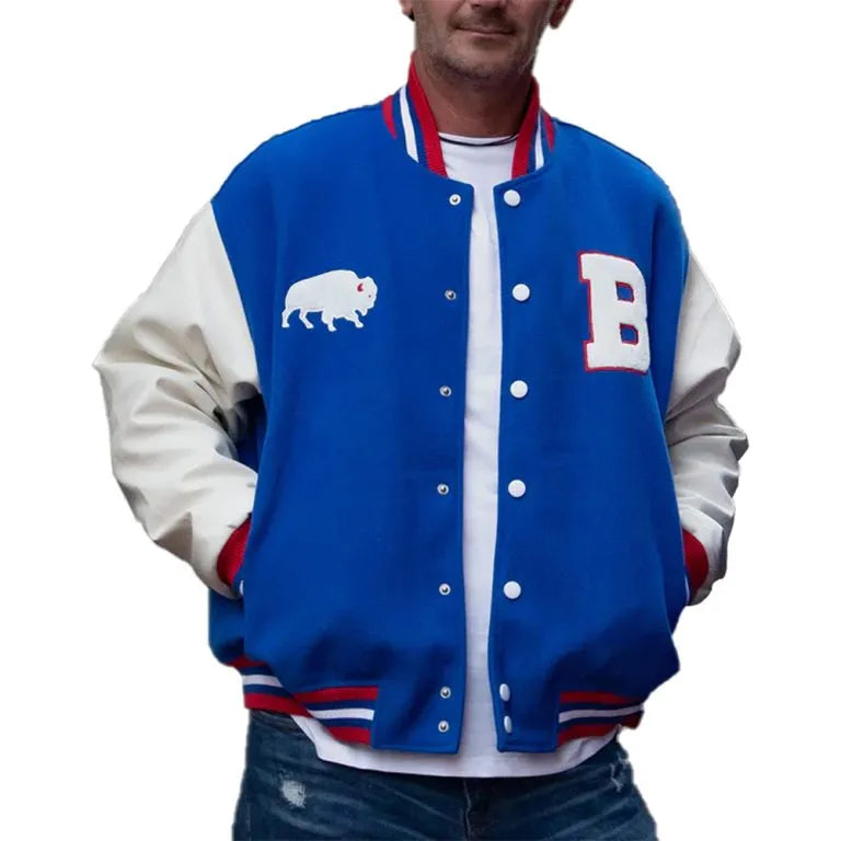 Buffalo Bills Royal Blue Wool and White Leather Sleeves Varsity Men's Letterman Jacket