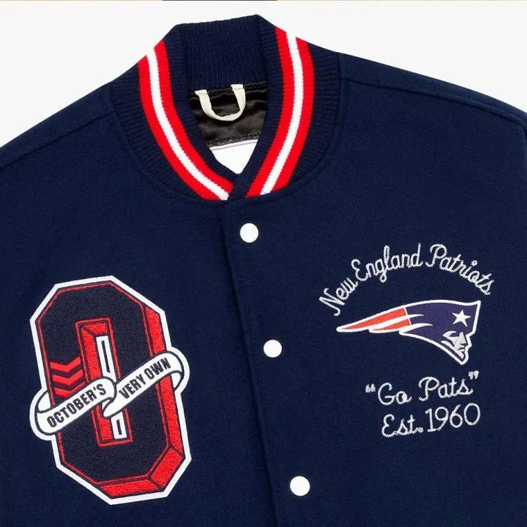 OVO New England Patriots Navy Blue Wool & White Genuine Leather Sleeves Men's Varsity Letterman Jacket