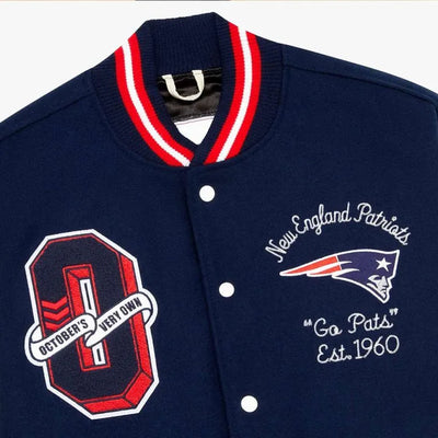OVO New England Patriots Navy Blue Wool & White Genuine Leather Sleeves Men's Varsity Letterman Jacket