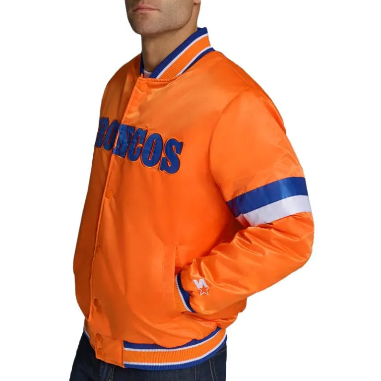 Denver Broncos Home Game Full-Snap Varsity Orange Satin Men's Bomber Jacket