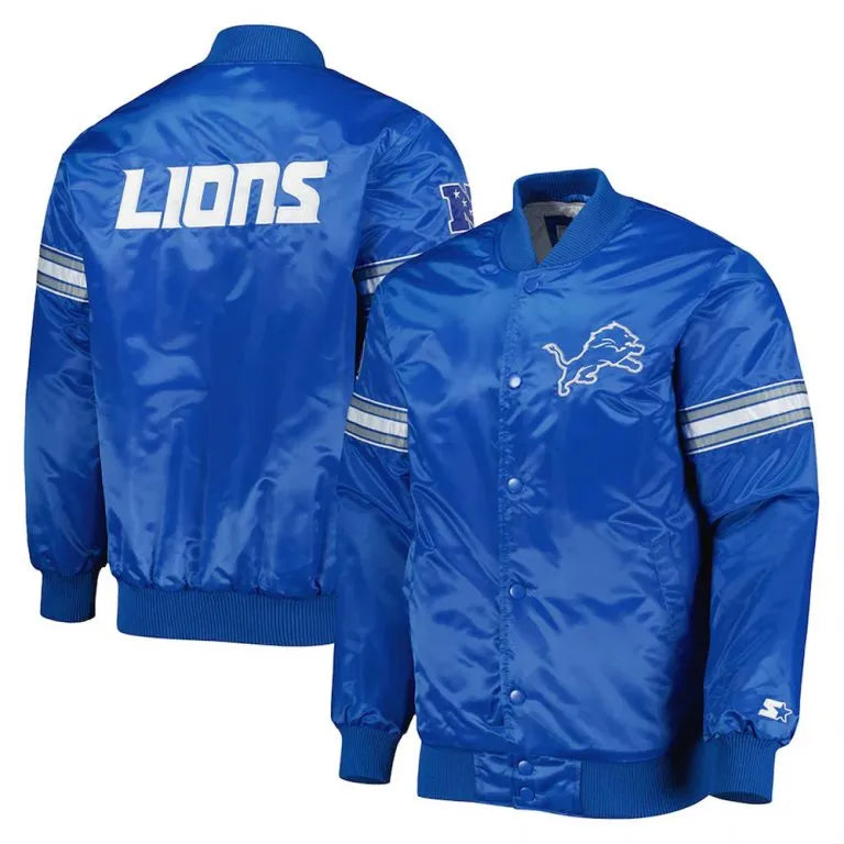 Detroit Lions The Pick and Roll Full-Snap Varsity Blue Satin Men's Bomber Jacket