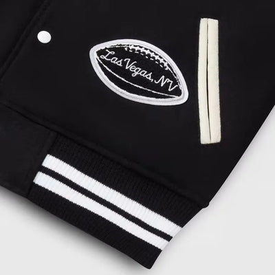 OVO Los Vegas Raiders Black Wool and White Genuine Leather Sleeves Men's Varsity Letterman Jacket