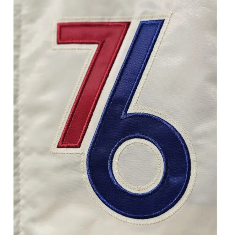 Philadelphia 76ers City of Brotherly Love Full-Snap Varsity White Satin Men's Bomber Jacket