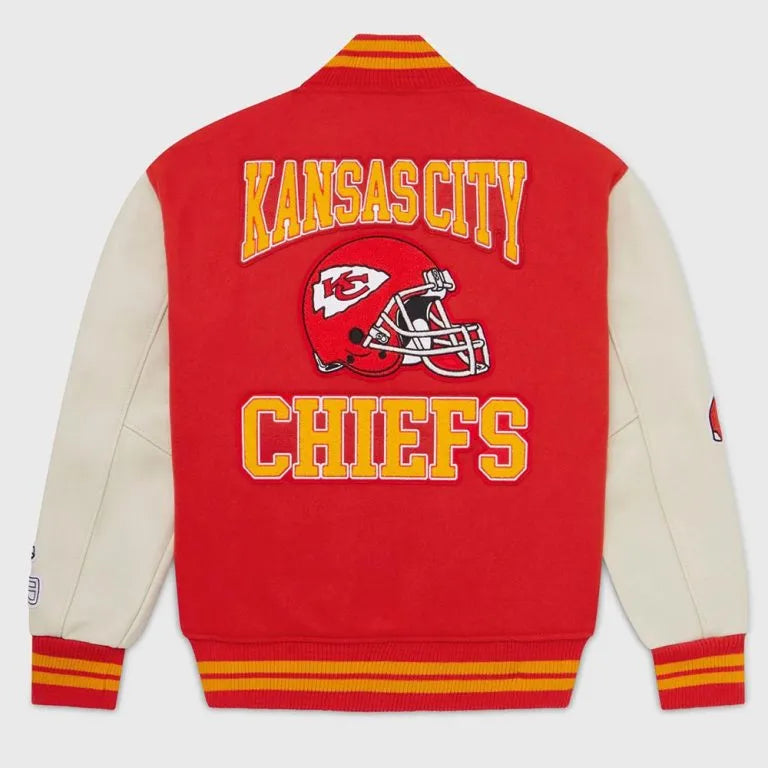 OVO Kansas City Chiefs Red Wool and White Genuine Leather Sleeves Men's Varsity Letterman Jacket
