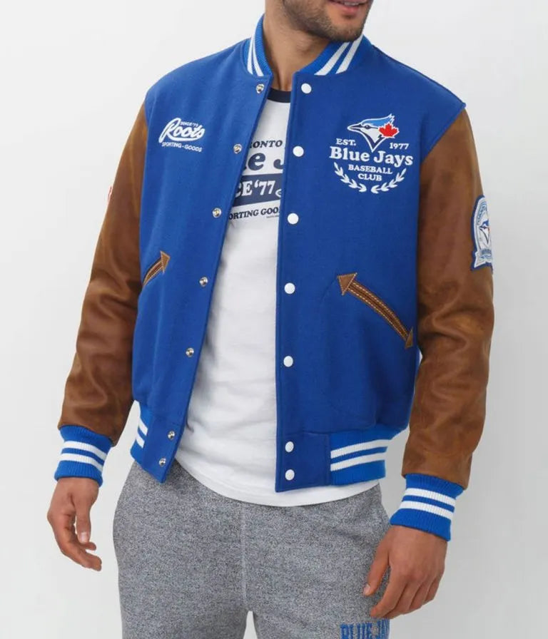 Toronto Blue Jays Royal Blue Wool & Brown Leather Sleeves Varsity Men's Jacket