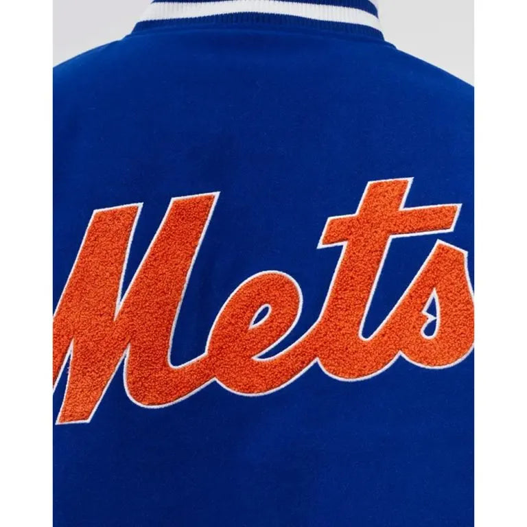 NY Mets Wordmark Varsity Royal Blue Wool & White Leather Sleeves Men's Jacket