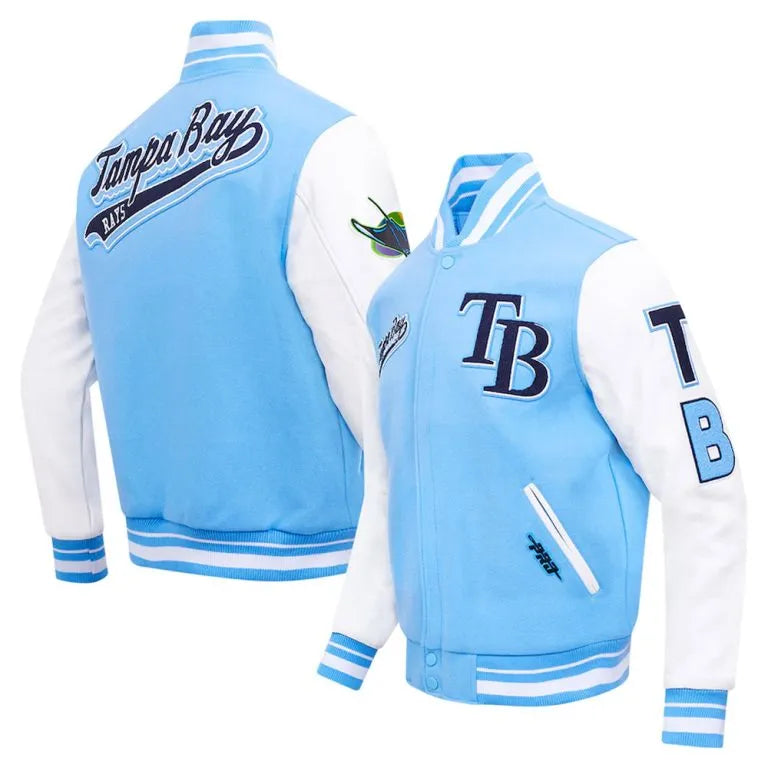 Tampa Bay Rays Script Tail Light Blue Wool and White Leather Sleeves Varsity Men's Jacket