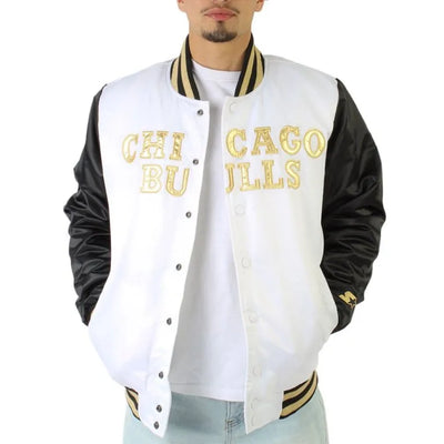 Chicago Bulls Full-Snap Varsity Black and White Satin Men's Bomber Jacket