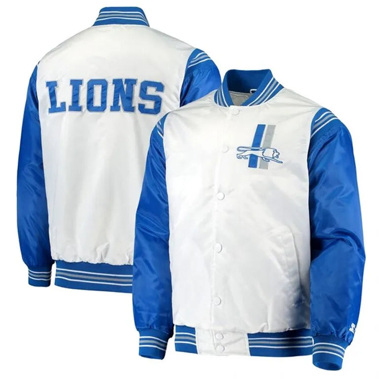 Detroit Lions Historic Logo Renegade Full-Snap Varsity Blue and White Satin Men's Bomber Jacket