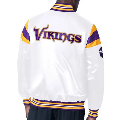 Minnesota Vikings Midweight Full-Snap Varsity White Satin Men's Bomber Jacket