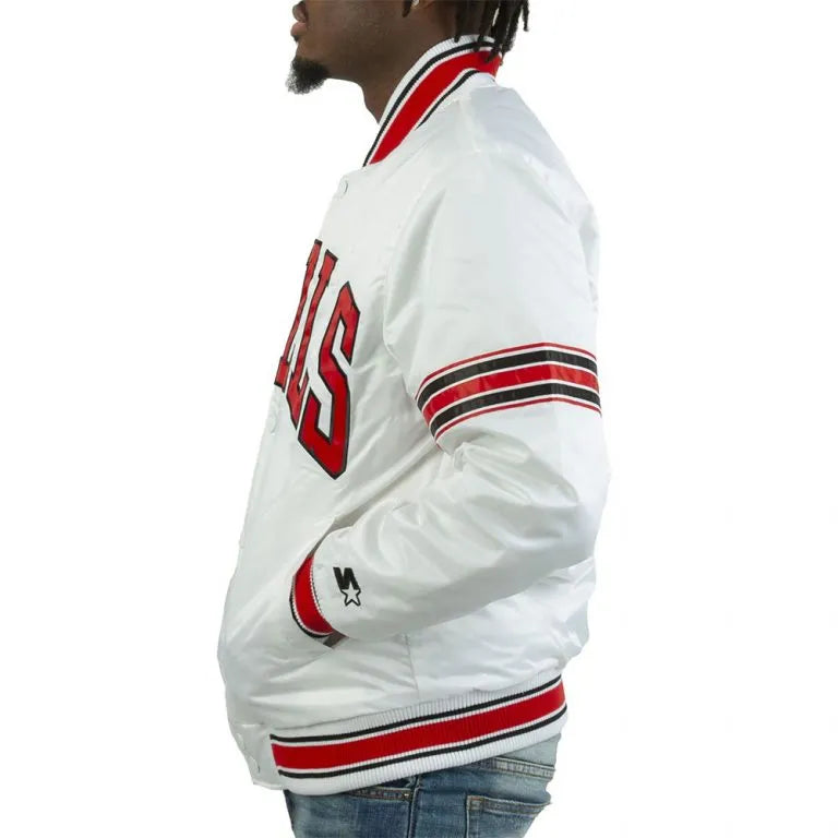 NBA Chicago Bulls Full-Snap Varsity Striped White Satin Men's Bomber Jacket
