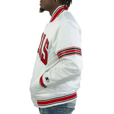NBA Chicago Bulls Full-Snap Varsity Striped White Satin Men's Bomber Jacket