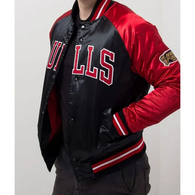Chicago Bulls Tough Season Full-Snap Varsity Black and White Satin Men's Bomber Jacket