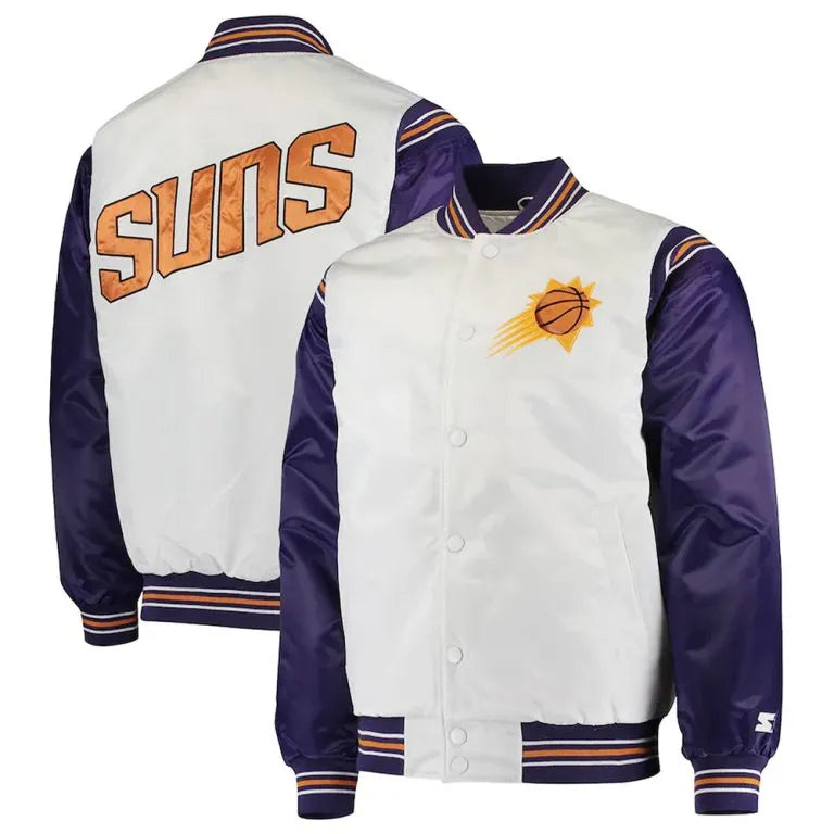 Phoenix Suns Renegade Full-Snap Varsity White and Purple Satin Men's Bomber Jacket