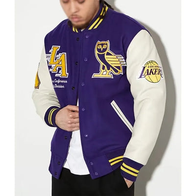 OVO Los Angeles Lakers Varsity Purple Wool & White Genuine Leather Sleeves Men's Letterman Jacket