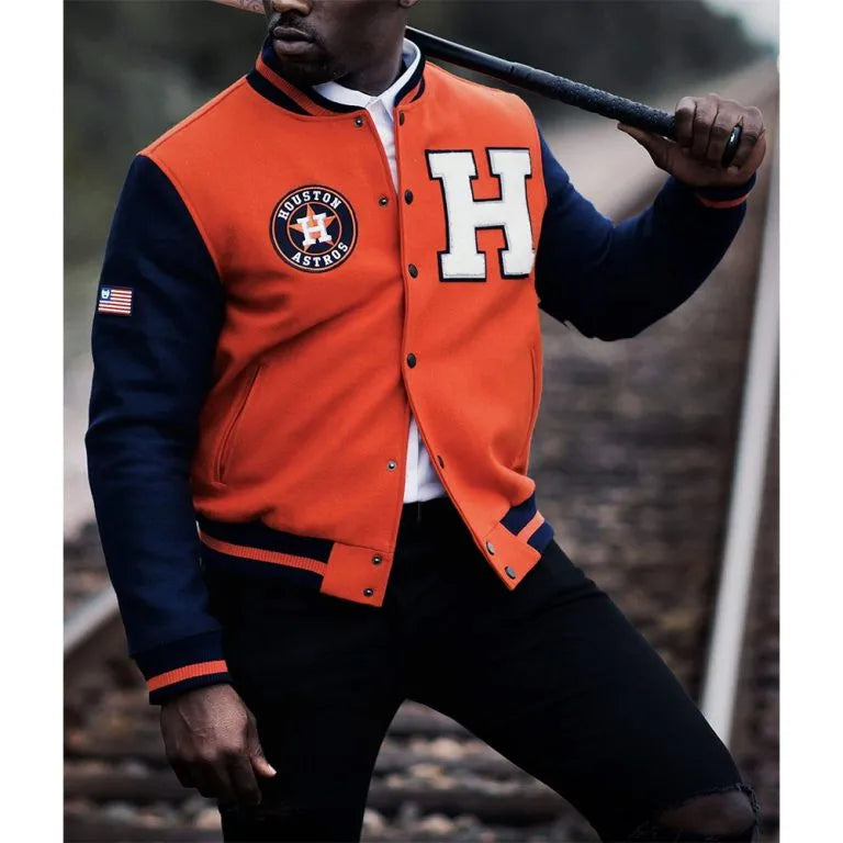 Houston Astros Blue/Orange Wool Letterman Full-Snap Men's Jacket