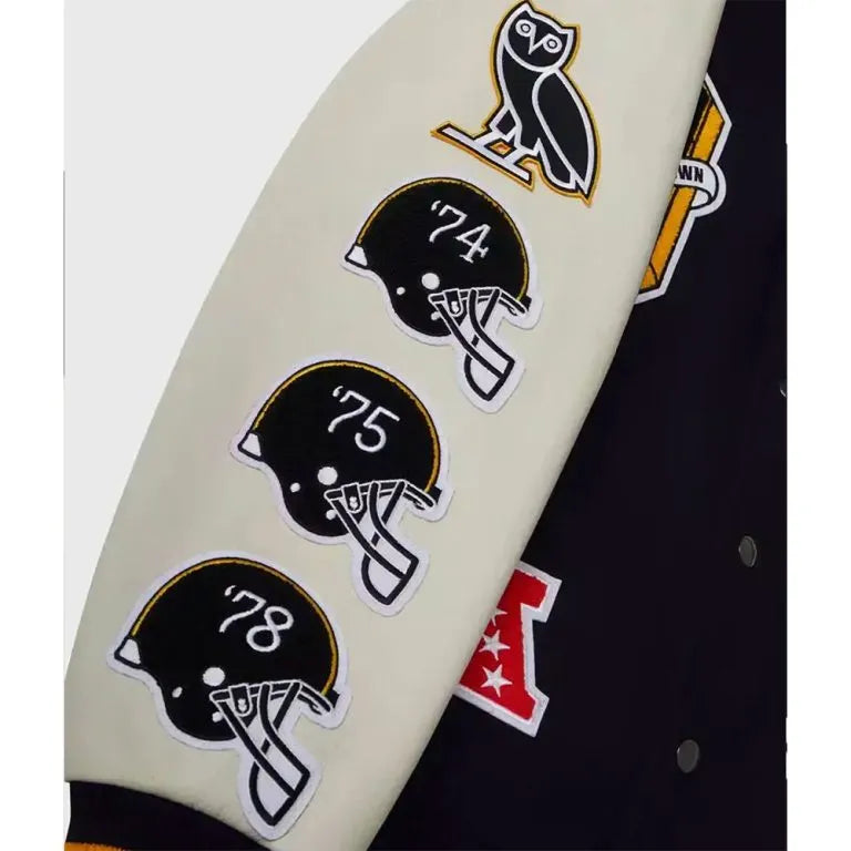 Pittsburgh Steelers Snoop Dogg OVO Black Wool & White Genuine Leather Sleeves Men's Varsity Letterman Jacket