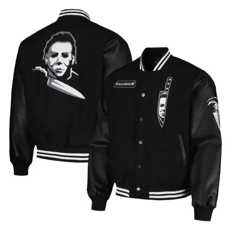 Michael Myers Halloween Black Wool & Genuine Leather Sleeves Men's Letterman Varsity Jacket