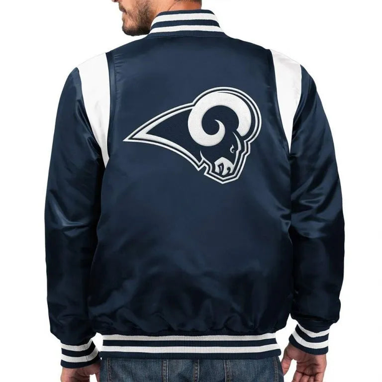 Los Angeles Rams The Prime Full-Snap Varsity Navy Blue Satin Men's Bomber Jacket