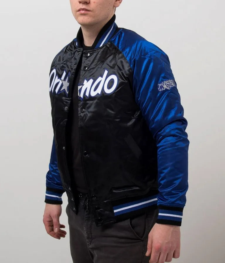 Orlando Magic Full-Snap Varsity Blue and Black Satin Men's Bomber Jacket