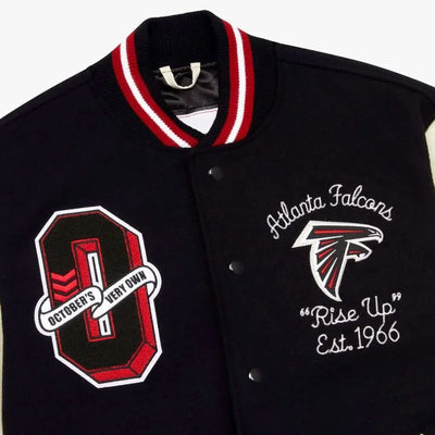 Atlanta Falcons OVO Varsity Black Wool & White Genuine Leather Sleeves Men's Letterman Jacket