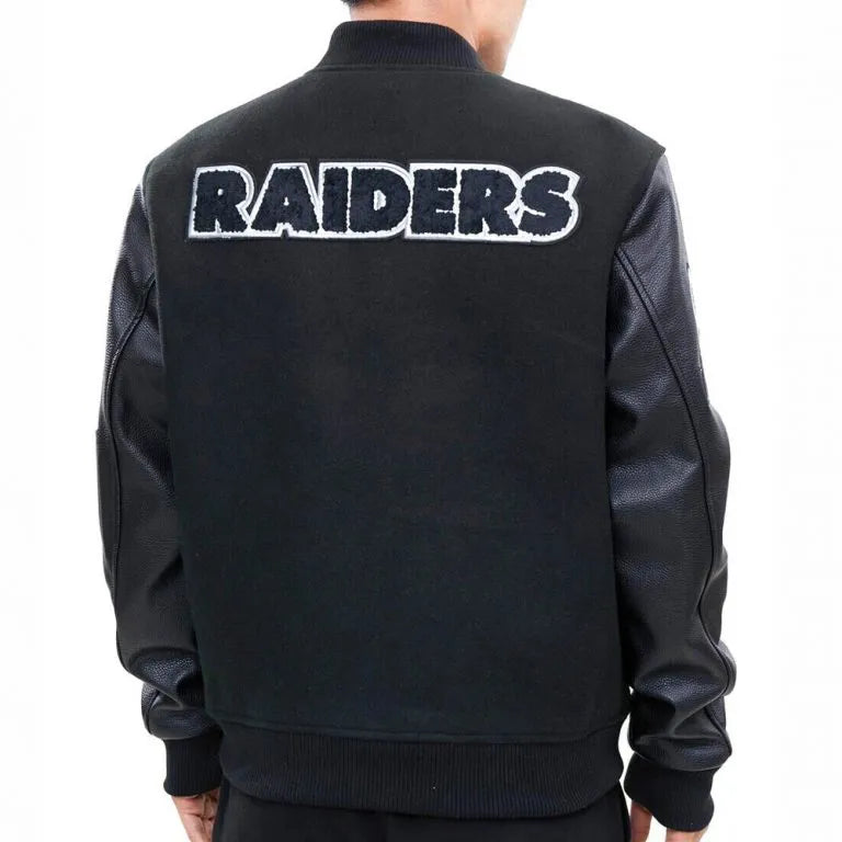 Los Vegas Raiders Black Wool and Genuine Leather Sleeves Men's Varsity Letterman Jacket