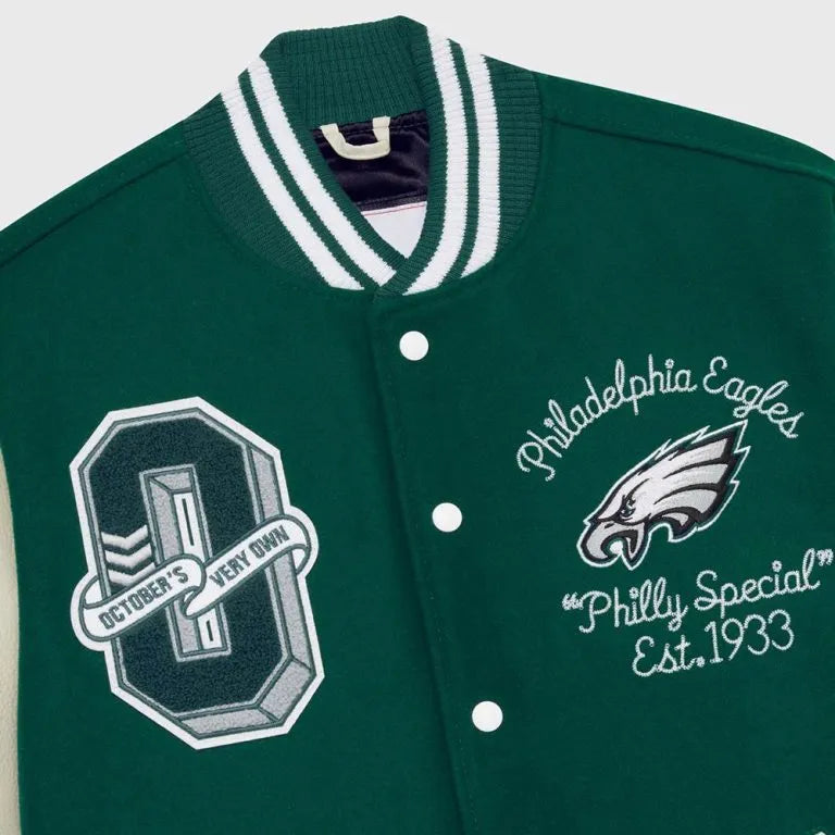 OVO Philadelphia Eagles Green Wool & White Genuine Leather Sleeves Men's Varsity Letterman Jacket