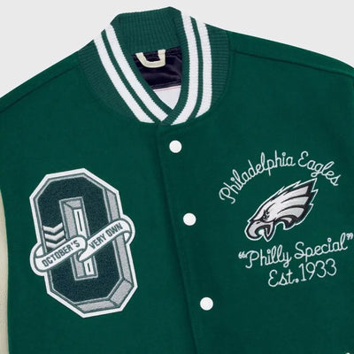 OVO Philadelphia Eagles Green Wool & White Genuine Leather Sleeves Men's Varsity Letterman Jacket