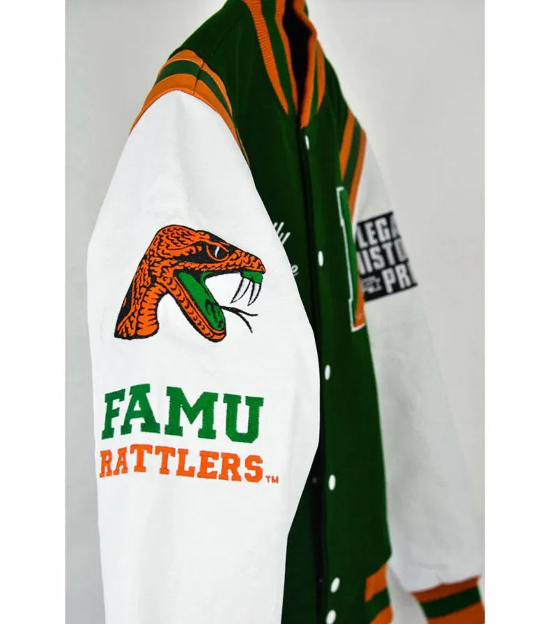 Florida A&M University Motto 2.0  Green Wool & White Genuine Leather Sleeves Men's Letterman Varsity Jacket