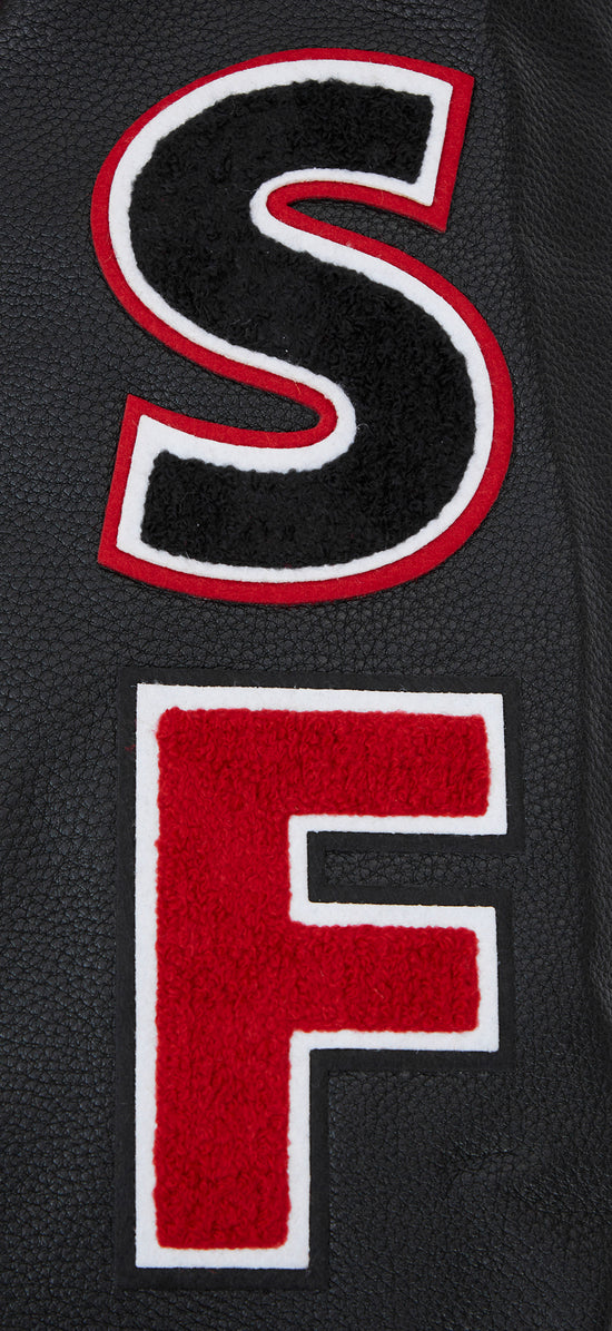 San Francisco 49ers Script Tail Classic Rib Red Wool & Black Genuine Leather Sleeves Men's Varsity Letterman Jacket