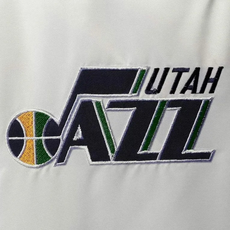 Utah Jazz Renegade Full-Snap Varsity White & Navy Blue Satin Men's Bomber Jacket