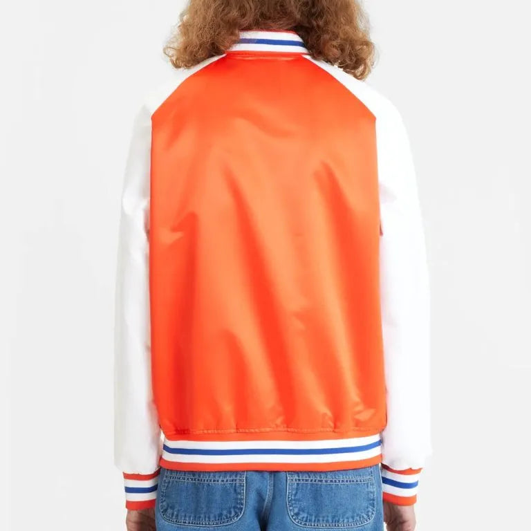 New York Knick Prime Time Full-Snap Varsity Orange and White Satin Men's Bomber Jacket