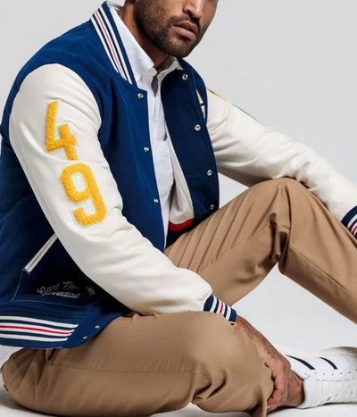 Gant The Gant Spring Blue Wool & White Genuine Leather Sleeves Men's Letterman Varsity Jacket
