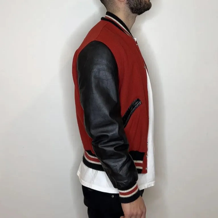 Chicago Blackhawks Campbell Red Wool & Black Genuine Leather Sleeves Men's Letterman Varsity Jacket