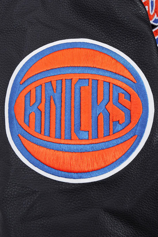 New York Knicks Script Tail Varsity Black Wool & Genuine Leather Sleeves Men's Letterman Jacket