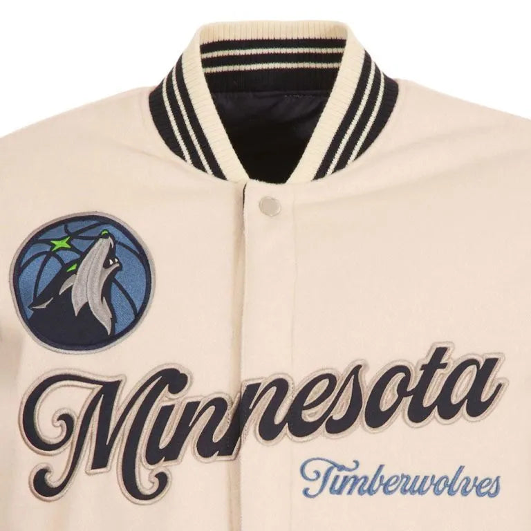Minnesota Timberwolves Varsity Cream Wool & Black Genuine Leather Sleeves Men's Jacket