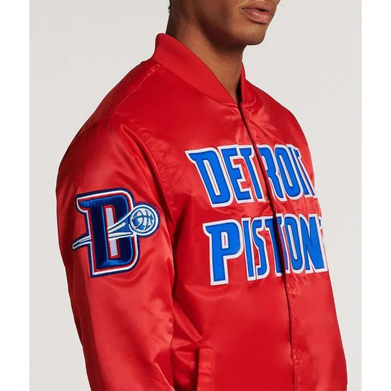 Detroit Pistons Big Logo Full-Snap Varsity Red Satin Men's Bomber Jacket