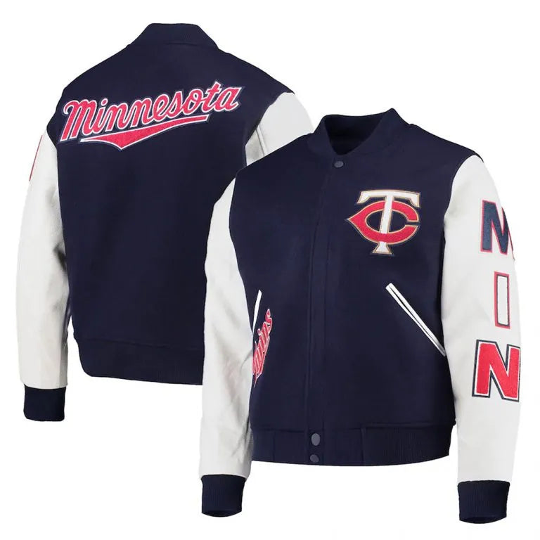 Minnesota Twins Navy Blue Wool & White Leather Sleeves Varsity Men's Jacket