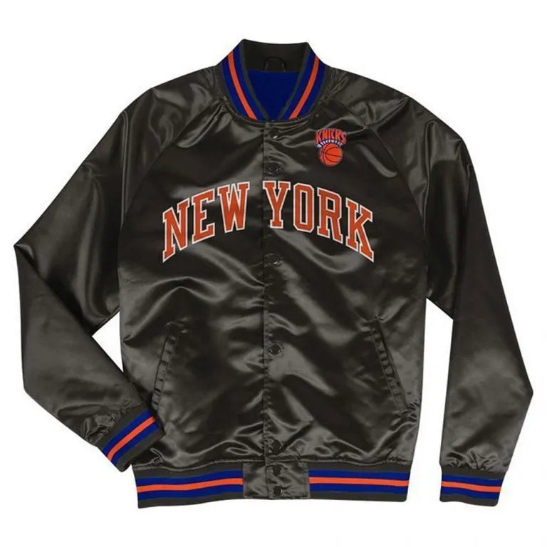New York Knick Hardwood Classic Full-Snap Varsity Black Satin Men's Bomber Jacket