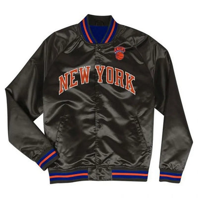 New York Knick Hardwood Classic Full-Snap Varsity Black Satin Men's Bomber Jacket