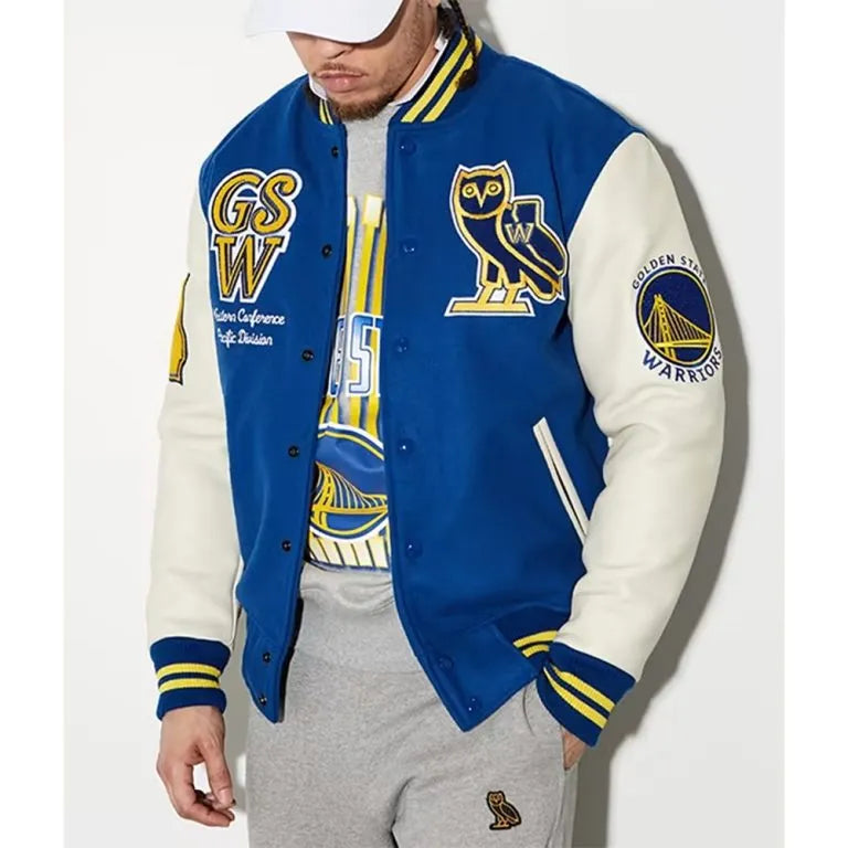 OVO Golden State Warriors Varsity Blue Wool & White Genuine Leather Sleeves Men's Bomber Jacket