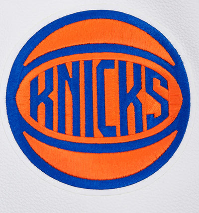 New York Knicks Script Tail Varsity Royal Blue Wool & White Genuine Leather Sleeves Men's Letterman Jacket