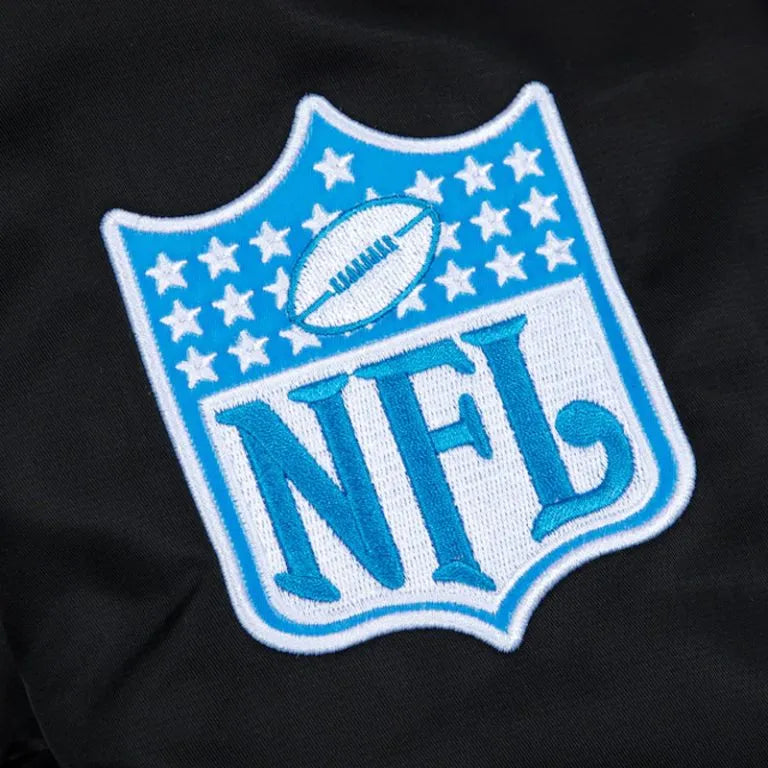 Carolina Panthers Blue Rib Full-Snap Varsity Black Satin Men's Bomber Jacket