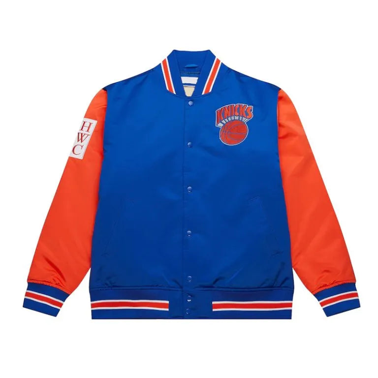 New York Knicks Primetime Full-Snap Varsity Royal Blue and Orange Satin Men's Bomber Jacket